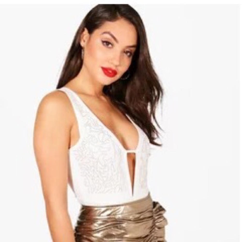 Studded Embellished White and Gold Bodysuit
